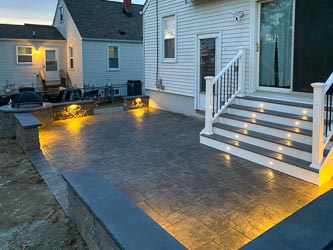 Patio, steps, firepit, lighting